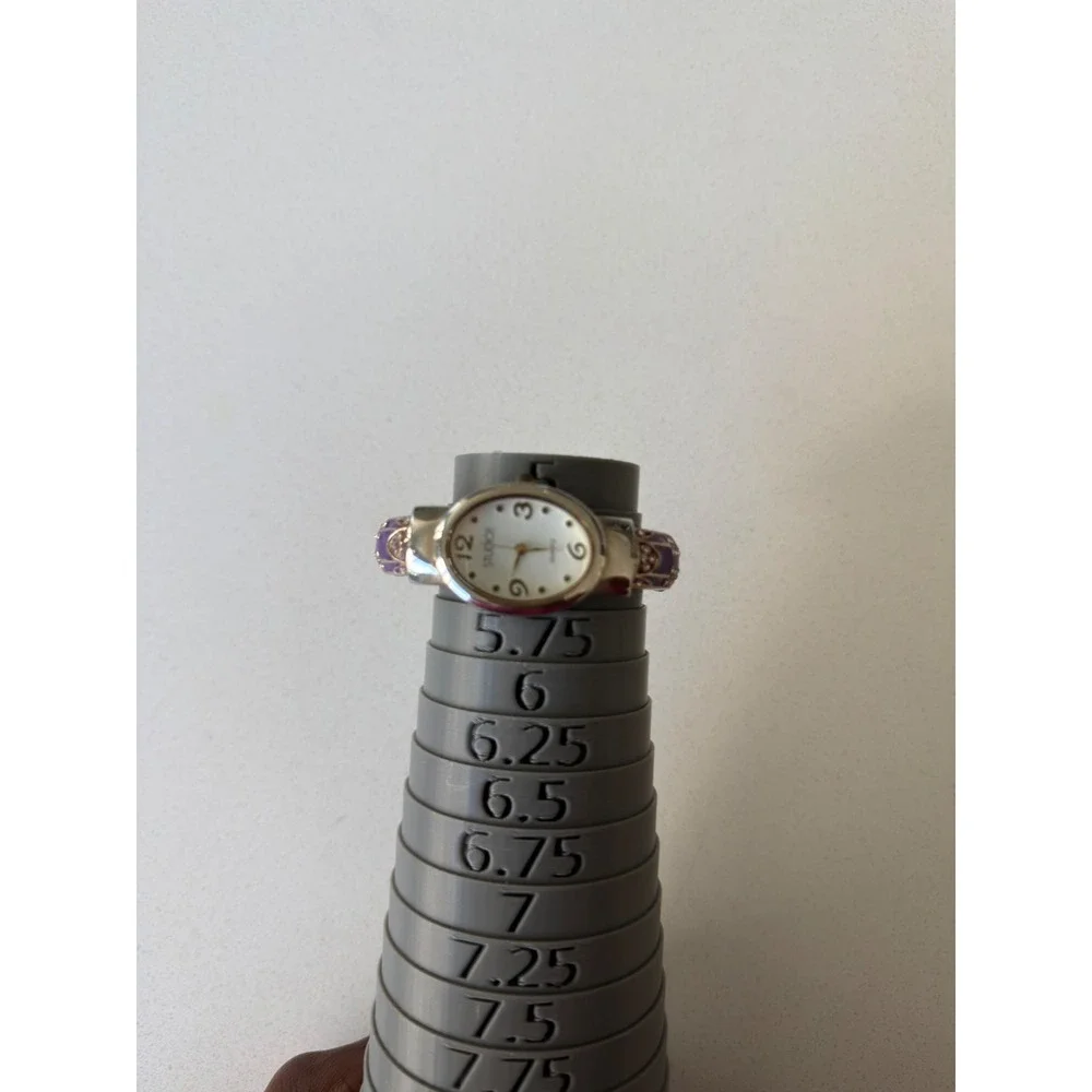 Studio Silver Tone Purple Enamel Bangle Cuff Watch Rhinestone Accents 5.5 Inch